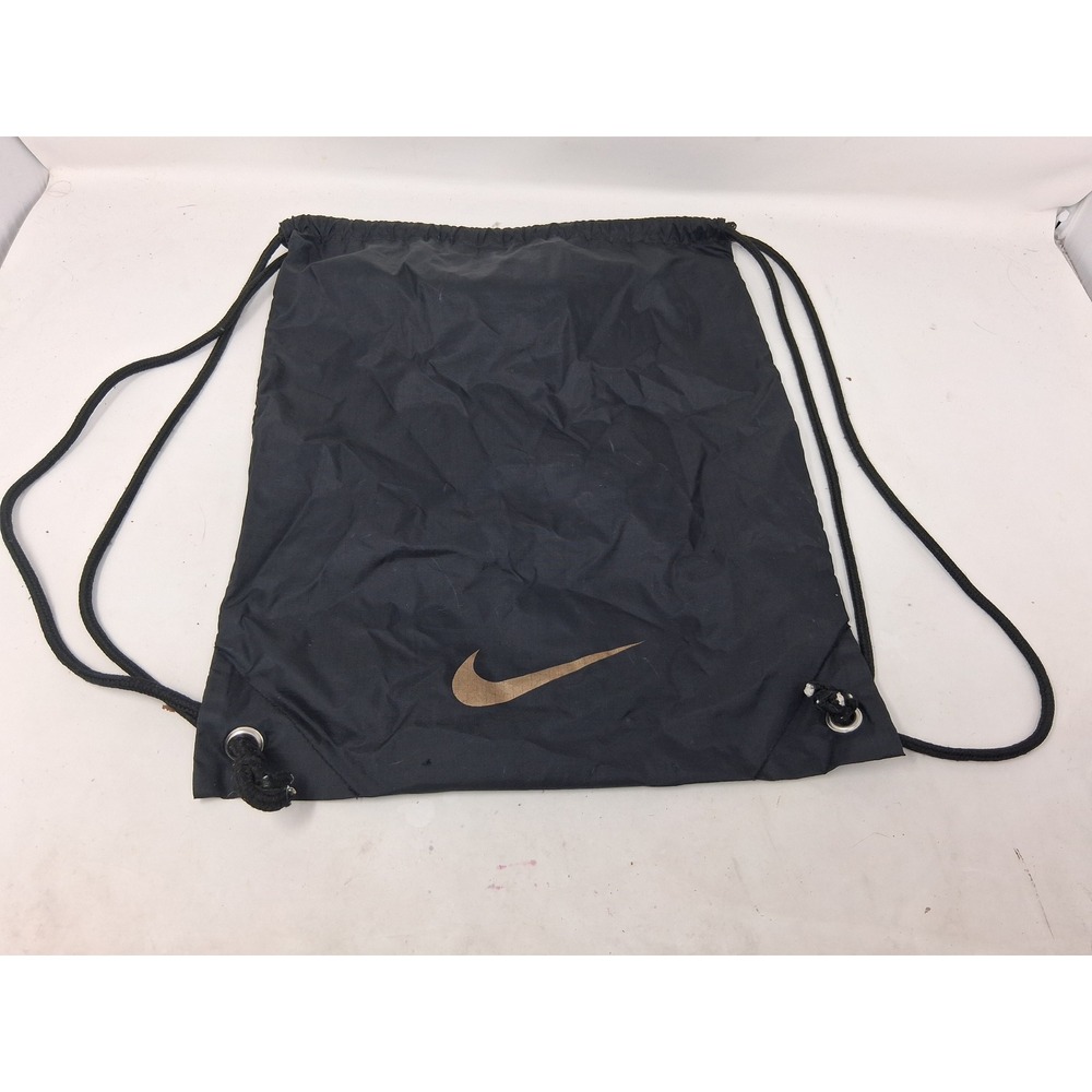 Nike Football Drawstring Bag Black Gold Swoosh Cinch Sack Gym Sport Backpack